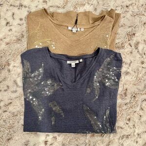 Two NWOT Chico's 100% LinenWomen's Sequin Embellished Tops Tan/Blue size 2 Large